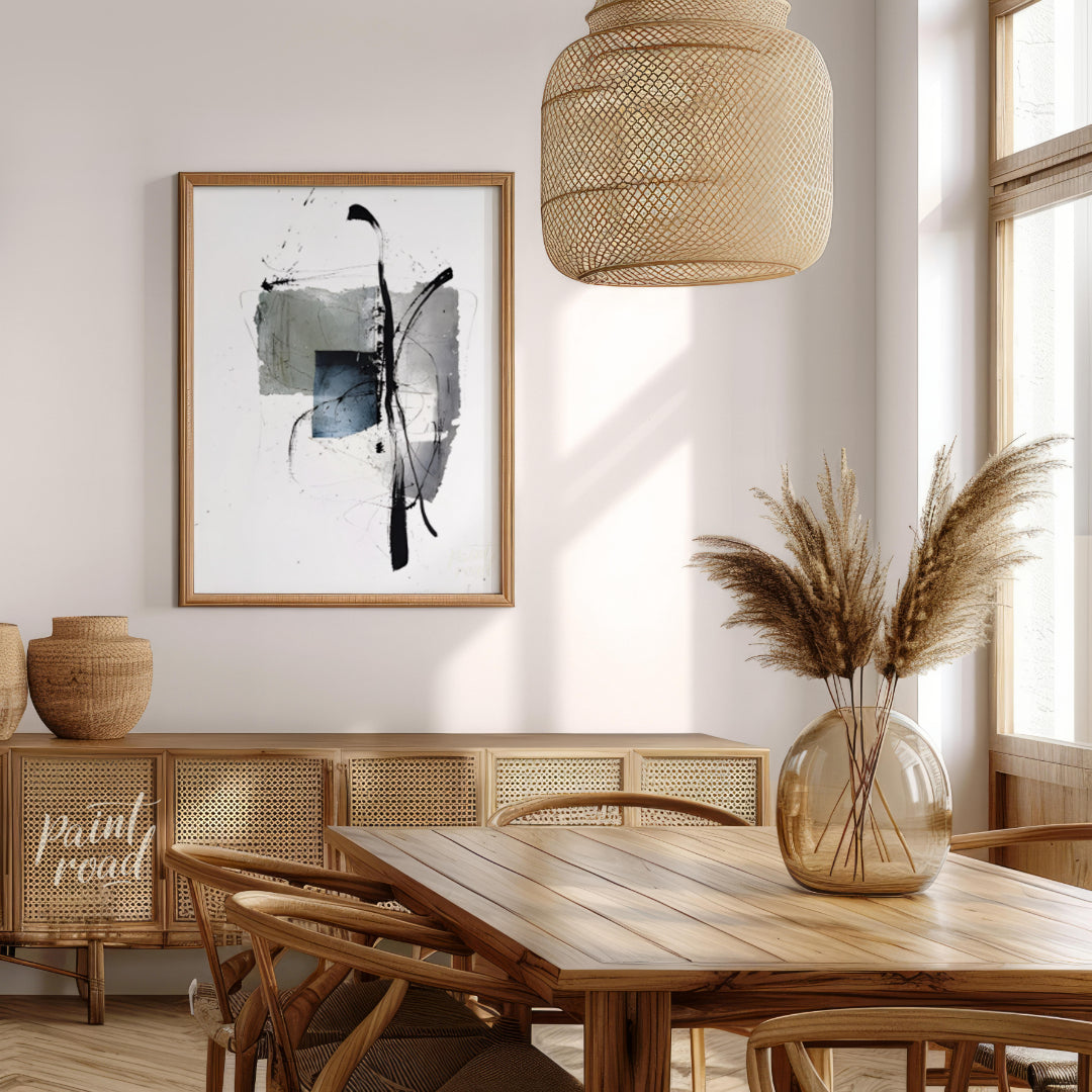 """Ink Fragment"" presents a dynamic interplay of abstract forms and expressive ink strokes against… for dining room