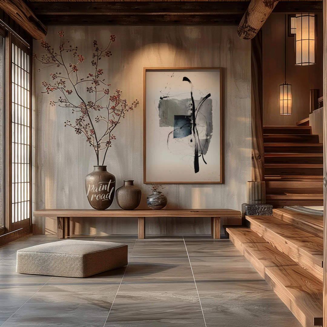 """Ink Fragment"" presents a dynamic interplay of abstract forms and expressive ink strokes against… for hallway