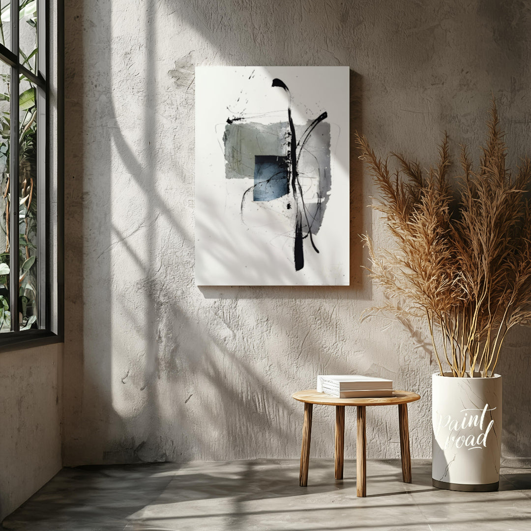 """Ink Fragment"" presents a dynamic interplay of abstract forms and expressive ink strokes against… for living room