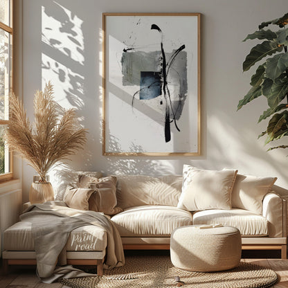 """Ink Fragment"" presents a dynamic interplay of abstract forms and expressive ink strokes against… for living room