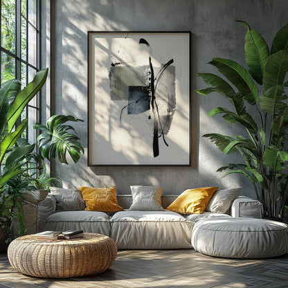 """Ink Fragment"" presents a dynamic interplay of abstract forms and expressive ink strokes against… for living room