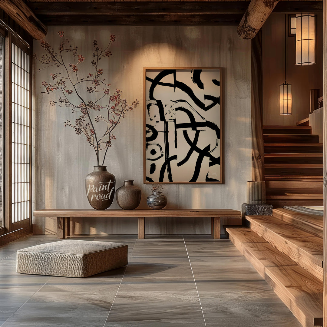 """Ink Fragment Collage"" presents a dynamic abstract composition created from fragmented sections … for entryway