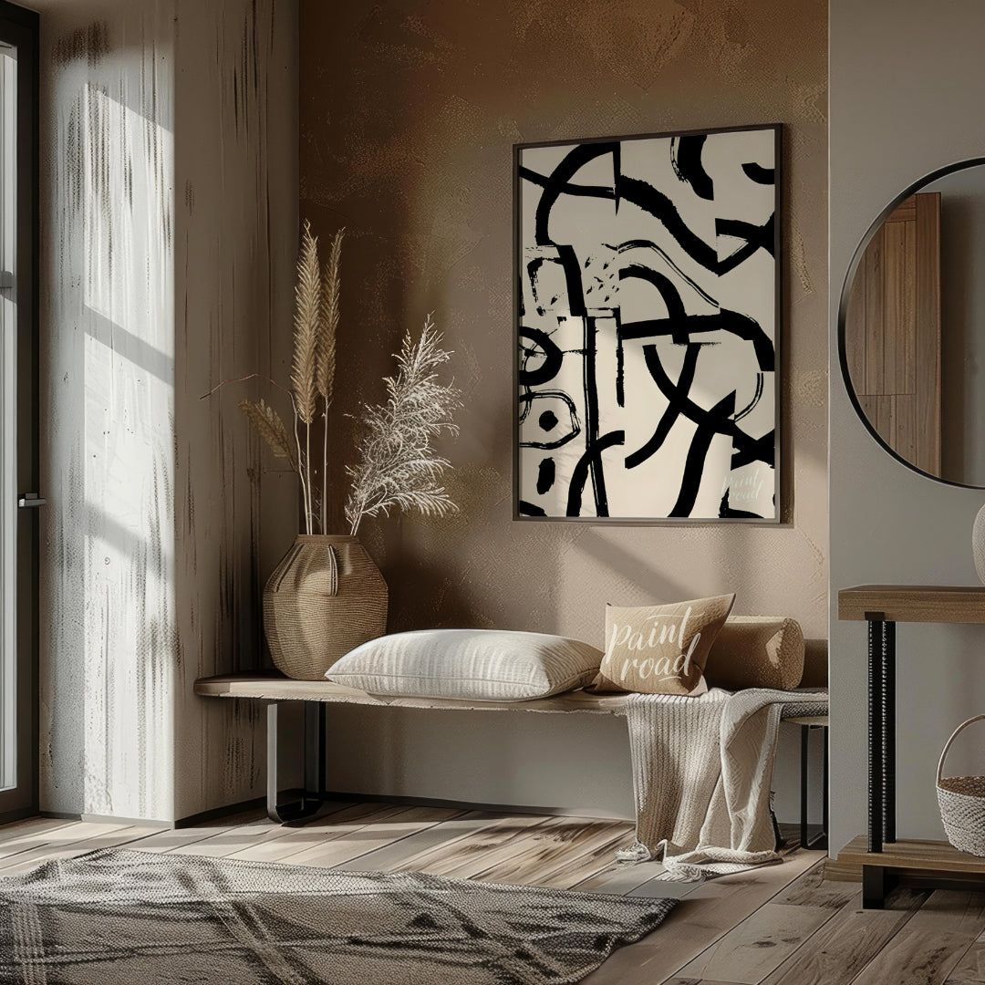 """Ink Fragment Collage"" presents a dynamic abstract composition created from fragmented sections … for entryway