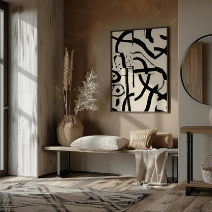 """Ink Fragment Collage"" presents a dynamic abstract composition created from fragmented sections … for entryway