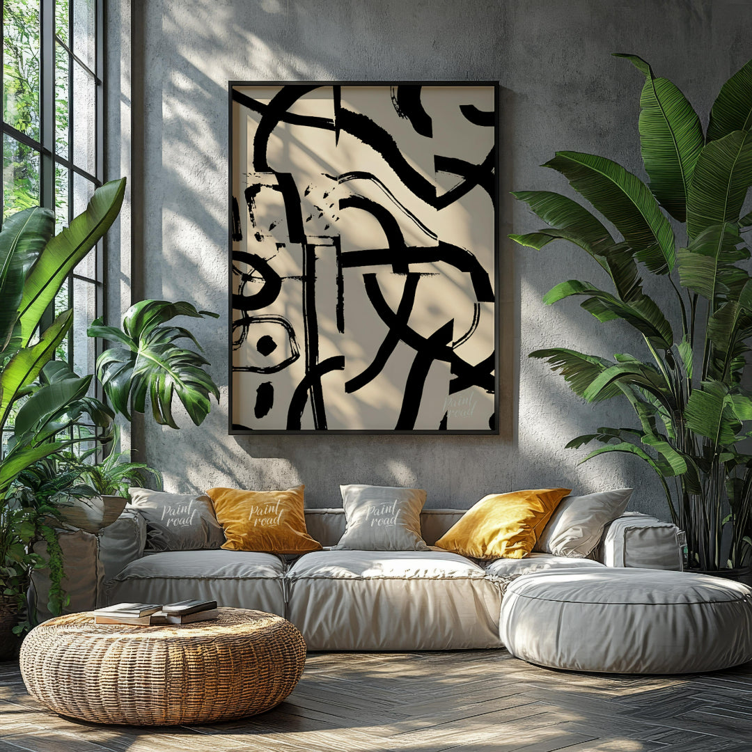 """Ink Fragment Collage"" presents a dynamic abstract composition created from fragmented sections … for living room
