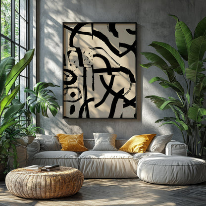 """Ink Fragment Collage"" presents a dynamic abstract composition created from fragmented sections … for living room