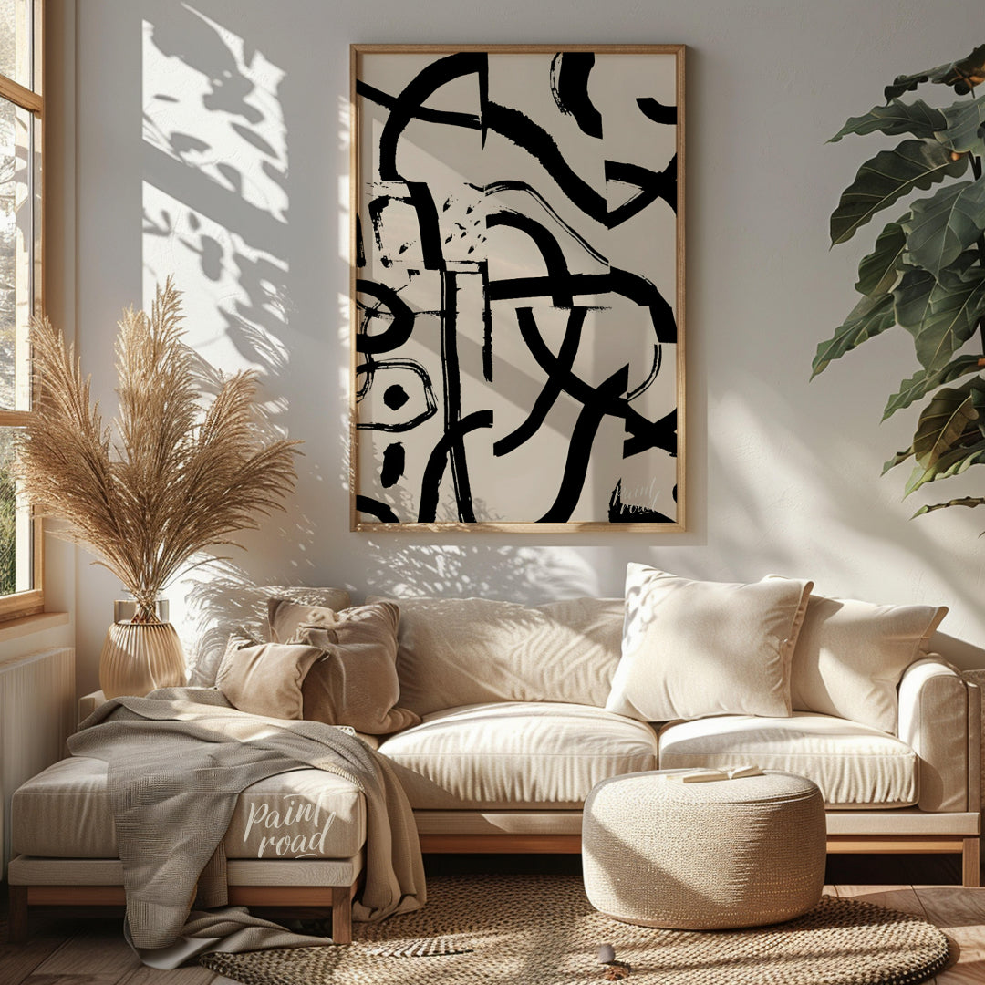 """Ink Fragment Collage"" presents a dynamic abstract composition created from fragmented sections … for living room