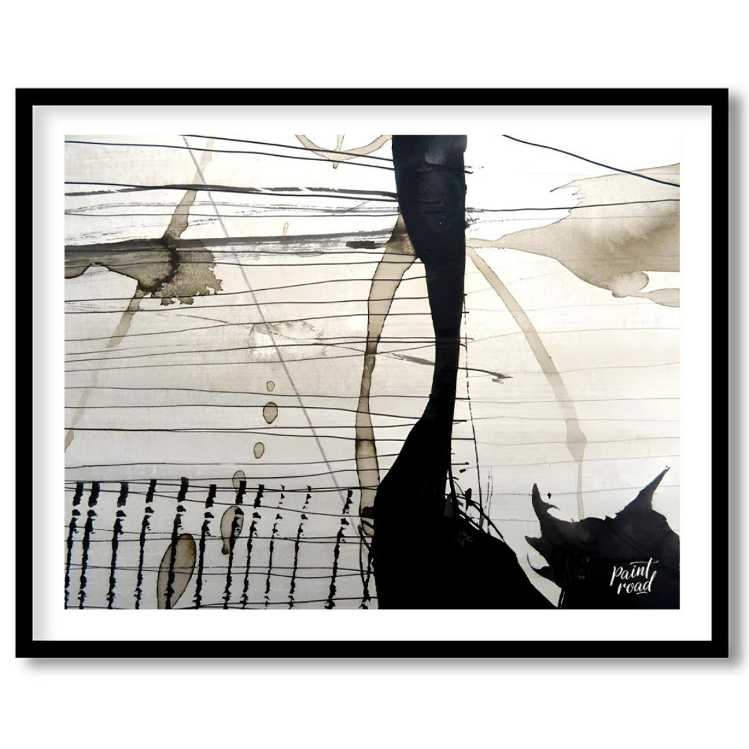 This abstract artwork features a dynamic interplay of ink washes, lines, and splatters against a li… for abode
