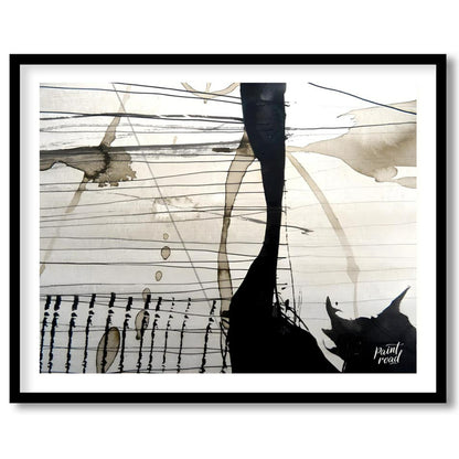 This abstract artwork features a dynamic interplay of ink washes, lines, and splatters against a li… for abode