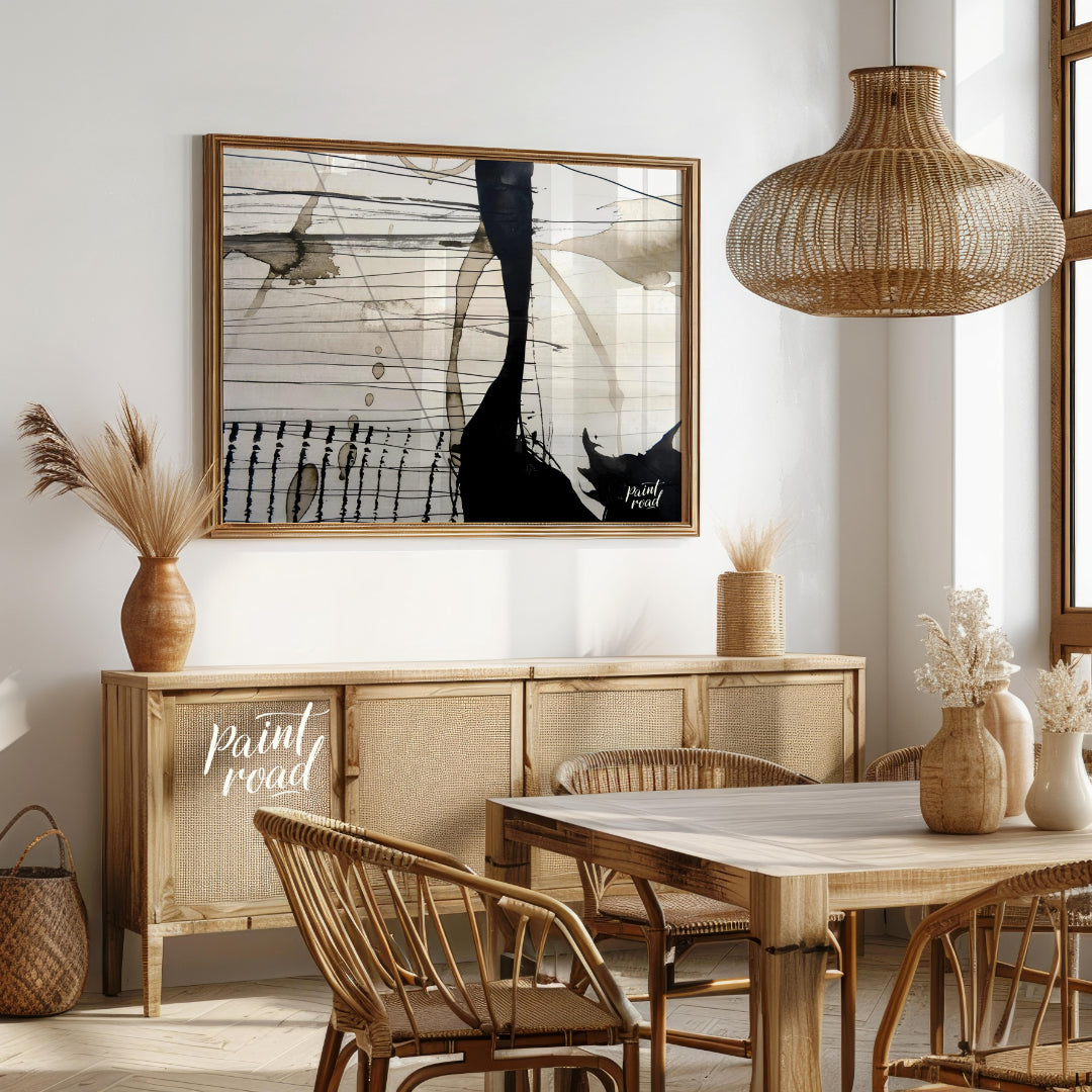 This abstract artwork features a dynamic interplay of ink washes, lines, and splatters against a li… for dining room