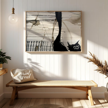 This abstract artwork features a dynamic interplay of ink washes, lines, and splatters against a li… for entryway