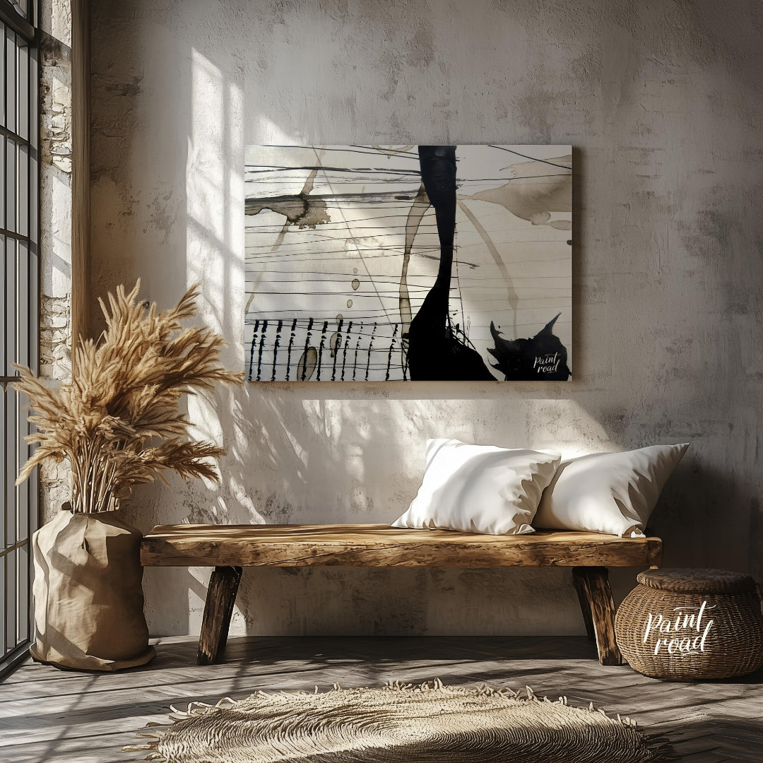 This abstract artwork features a dynamic interplay of ink washes, lines, and splatters against a li… for entryway