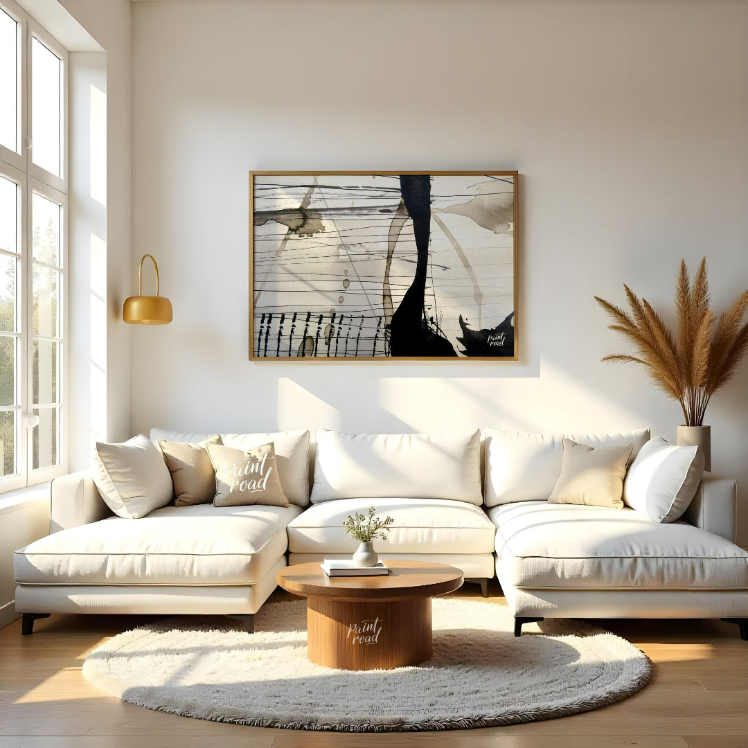 This abstract artwork features a dynamic interplay of ink washes, lines, and splatters against a li… for living room