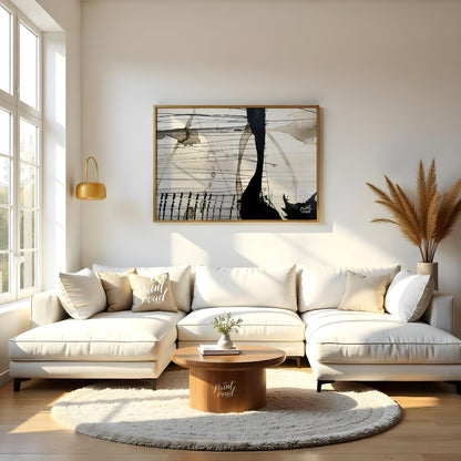 This abstract artwork features a dynamic interplay of ink washes, lines, and splatters against a li… for living room