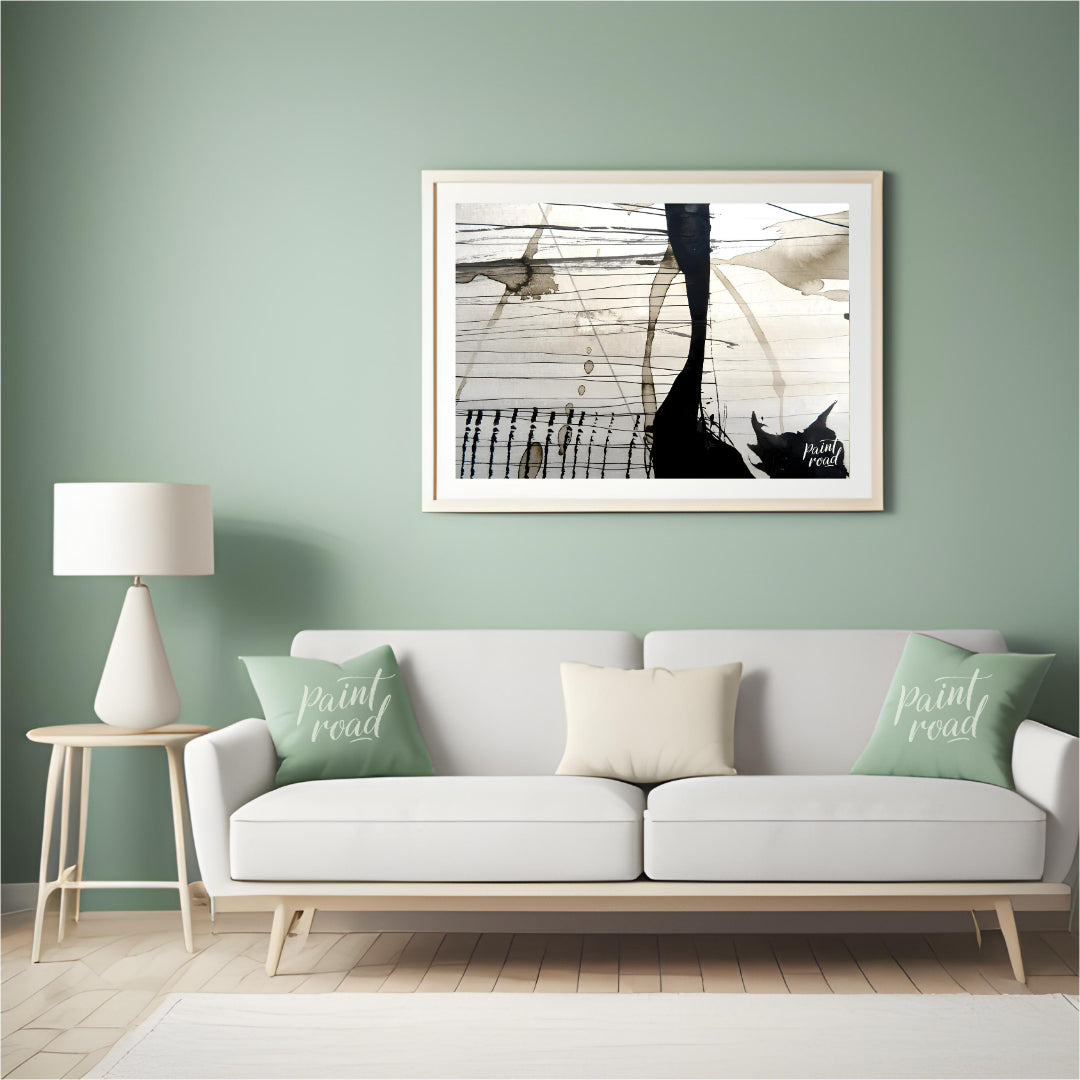 This abstract artwork features a dynamic interplay of ink washes, lines, and splatters against a li… for living room