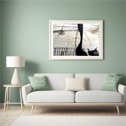 This abstract artwork features a dynamic interplay of ink washes, lines, and splatters against a li… for living room