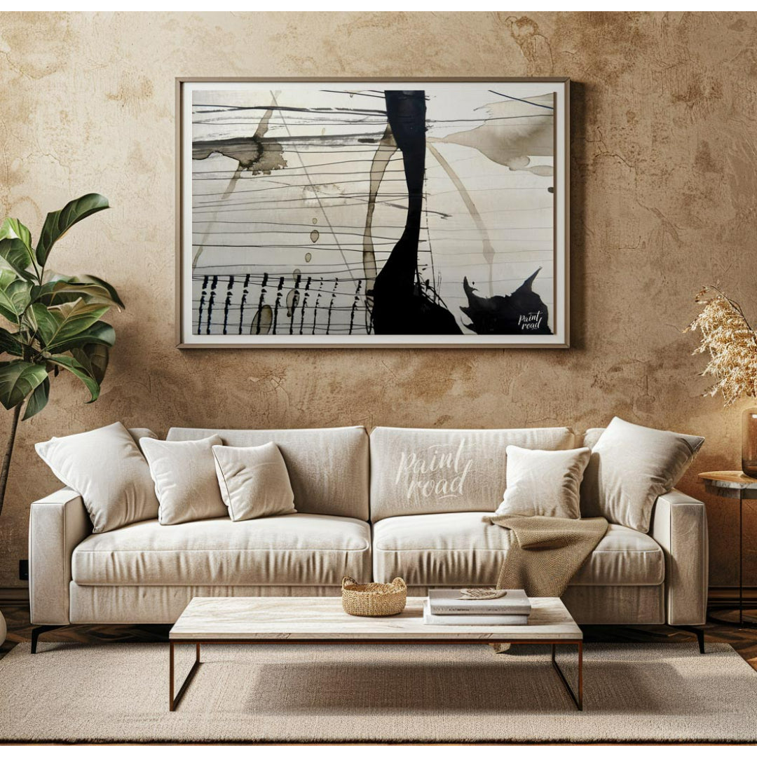 This abstract artwork features a dynamic interplay of ink washes, lines, and splatters against a li… for living room