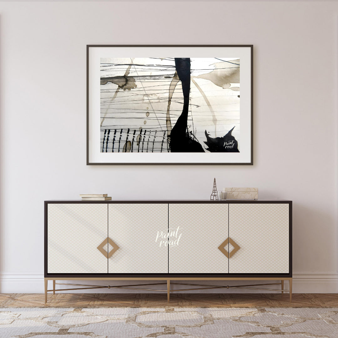 This abstract artwork features a dynamic interplay of ink washes, lines, and splatters against a li… for living room