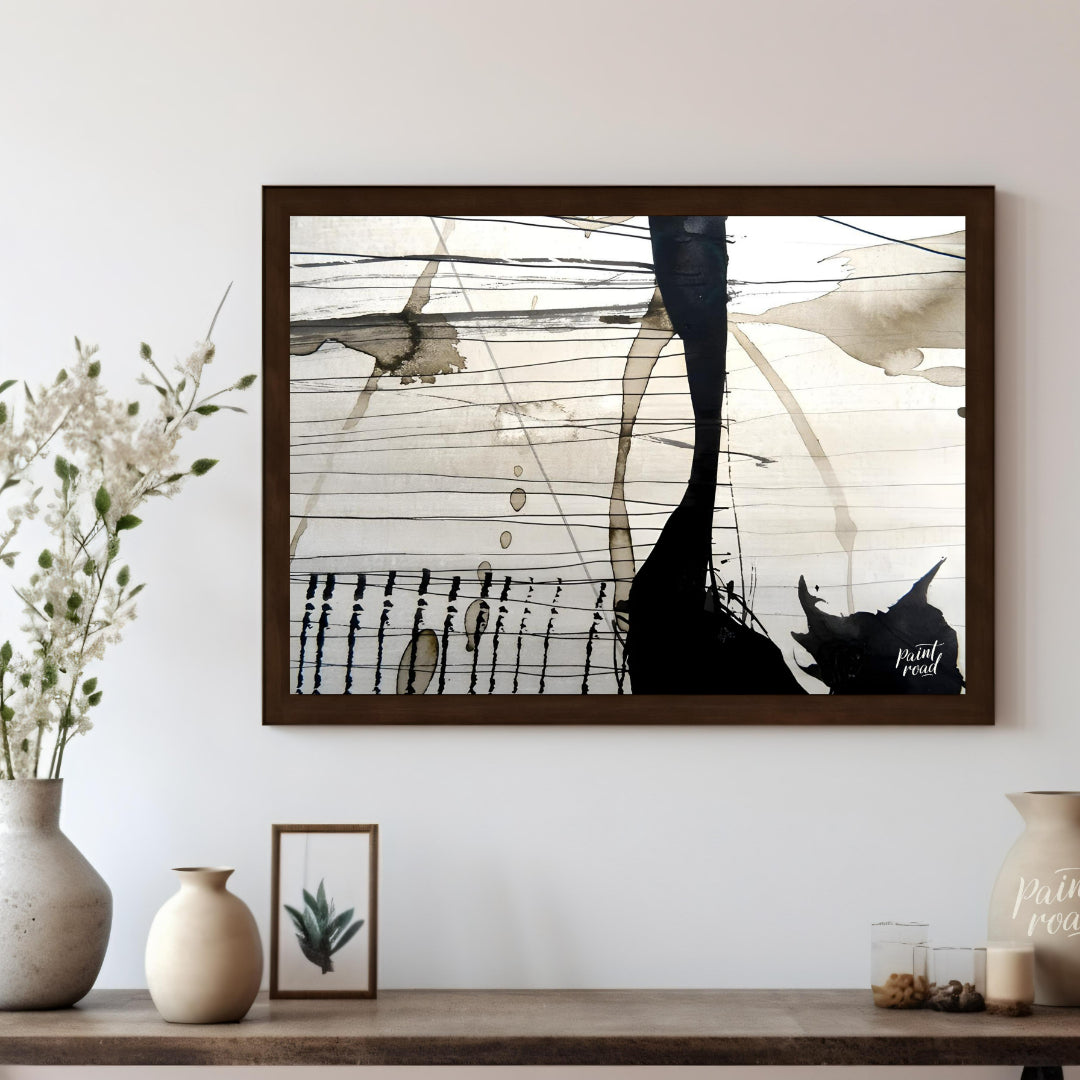This abstract artwork features a dynamic interplay of ink washes, lines, and splatters against a li… for living room