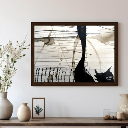 This abstract artwork features a dynamic interplay of ink washes, lines, and splatters against a li… for living room