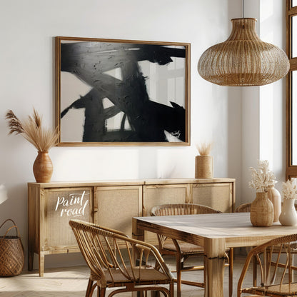 " ""Ink Impact"" presents a dynamic abstract composition with bold black strokes against a light ba… for dining room
