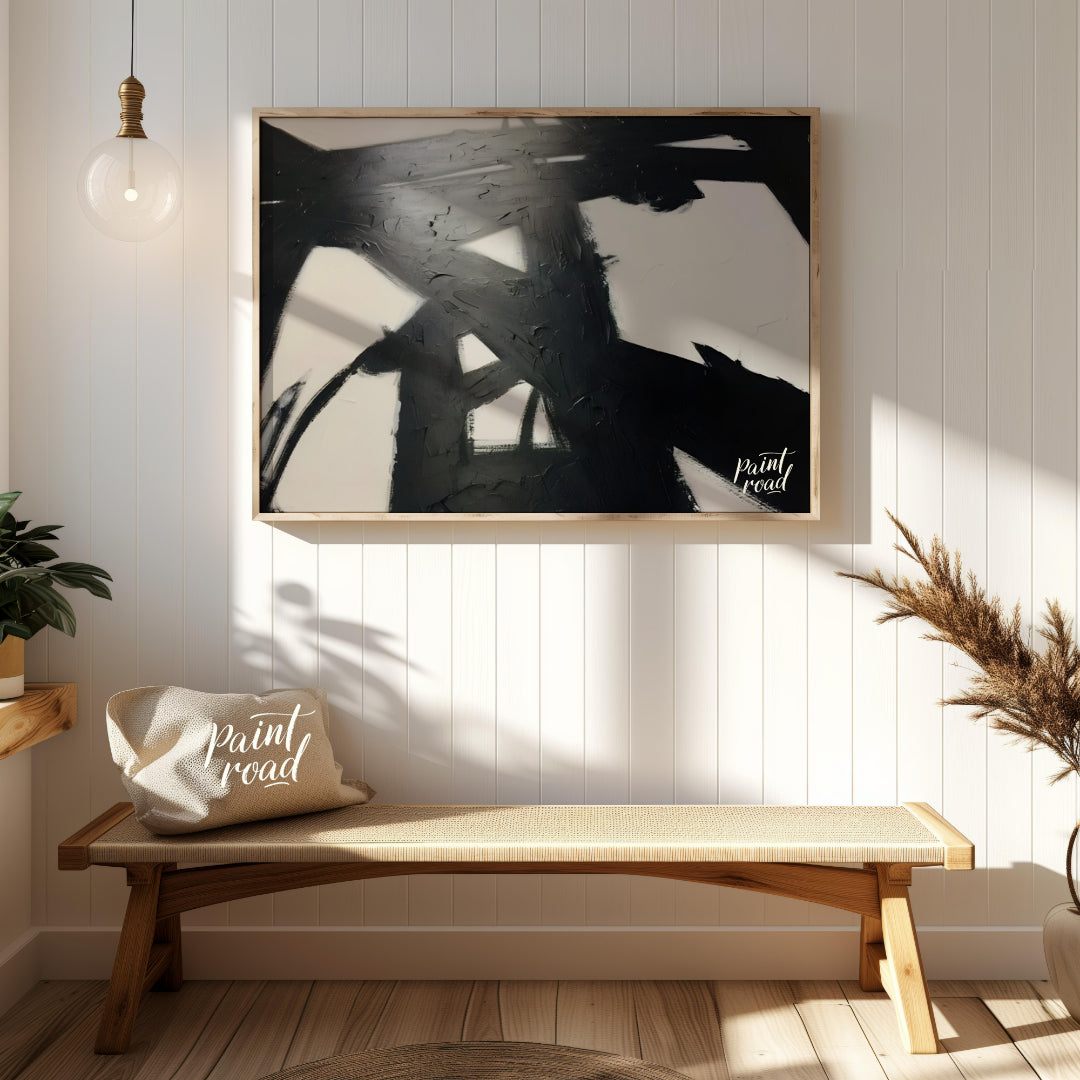 " ""Ink Impact"" presents a dynamic abstract composition with bold black strokes against a light ba… for entryway