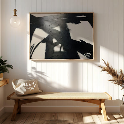 " ""Ink Impact"" presents a dynamic abstract composition with bold black strokes against a light ba… for entryway