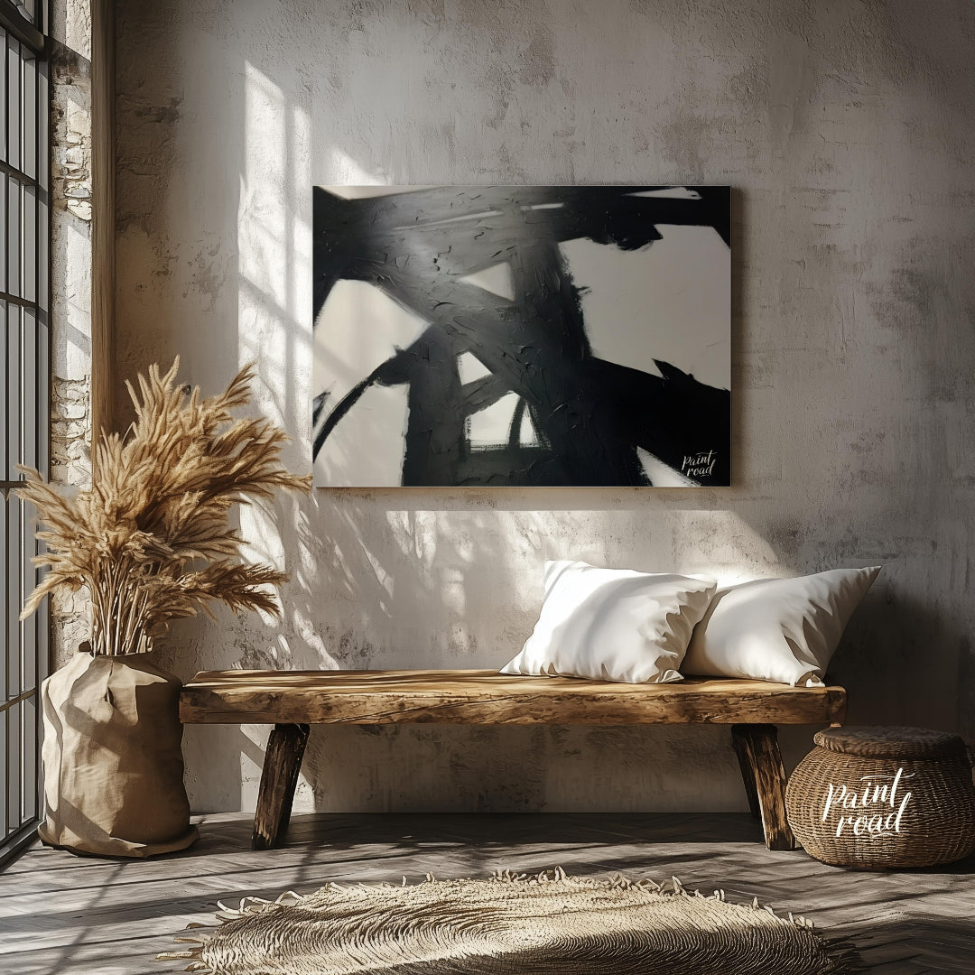 " ""Ink Impact"" presents a dynamic abstract composition with bold black strokes against a light ba… for entryway