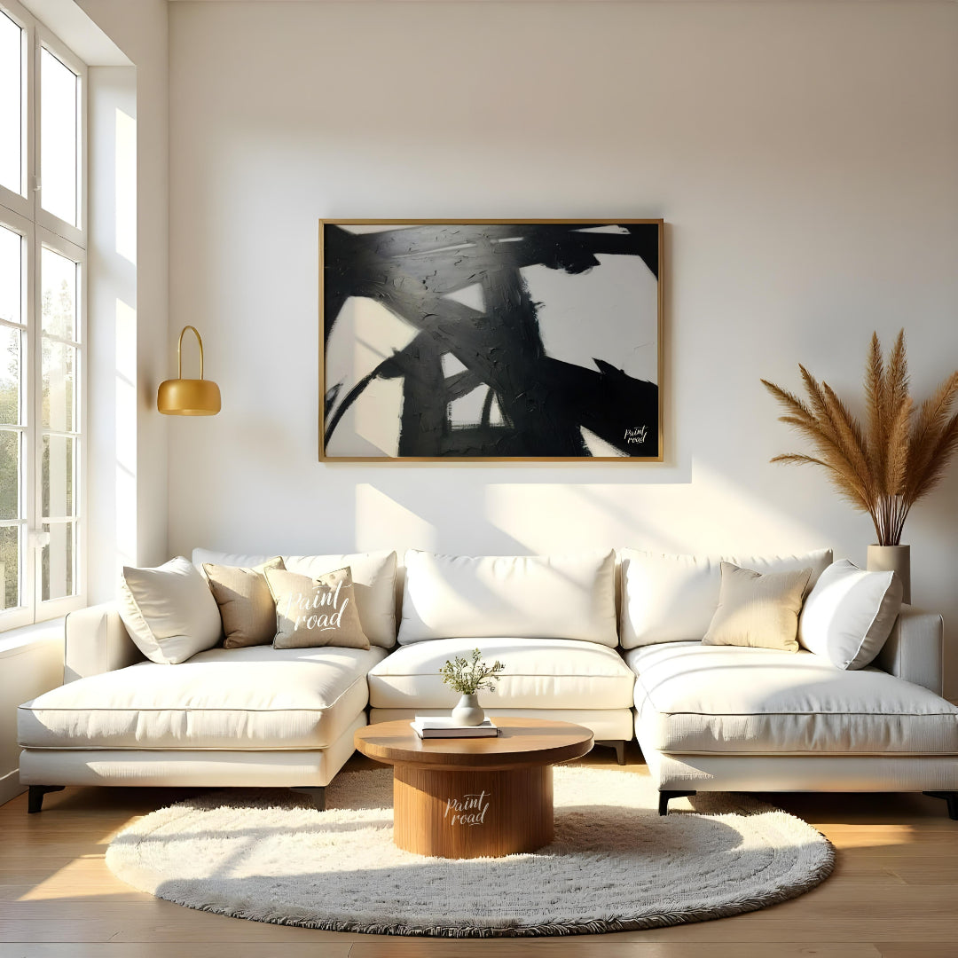 " ""Ink Impact"" presents a dynamic abstract composition with bold black strokes against a light ba… for living room