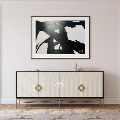 " ""Ink Impact"" presents a dynamic abstract composition with bold black strokes against a light ba… for living room