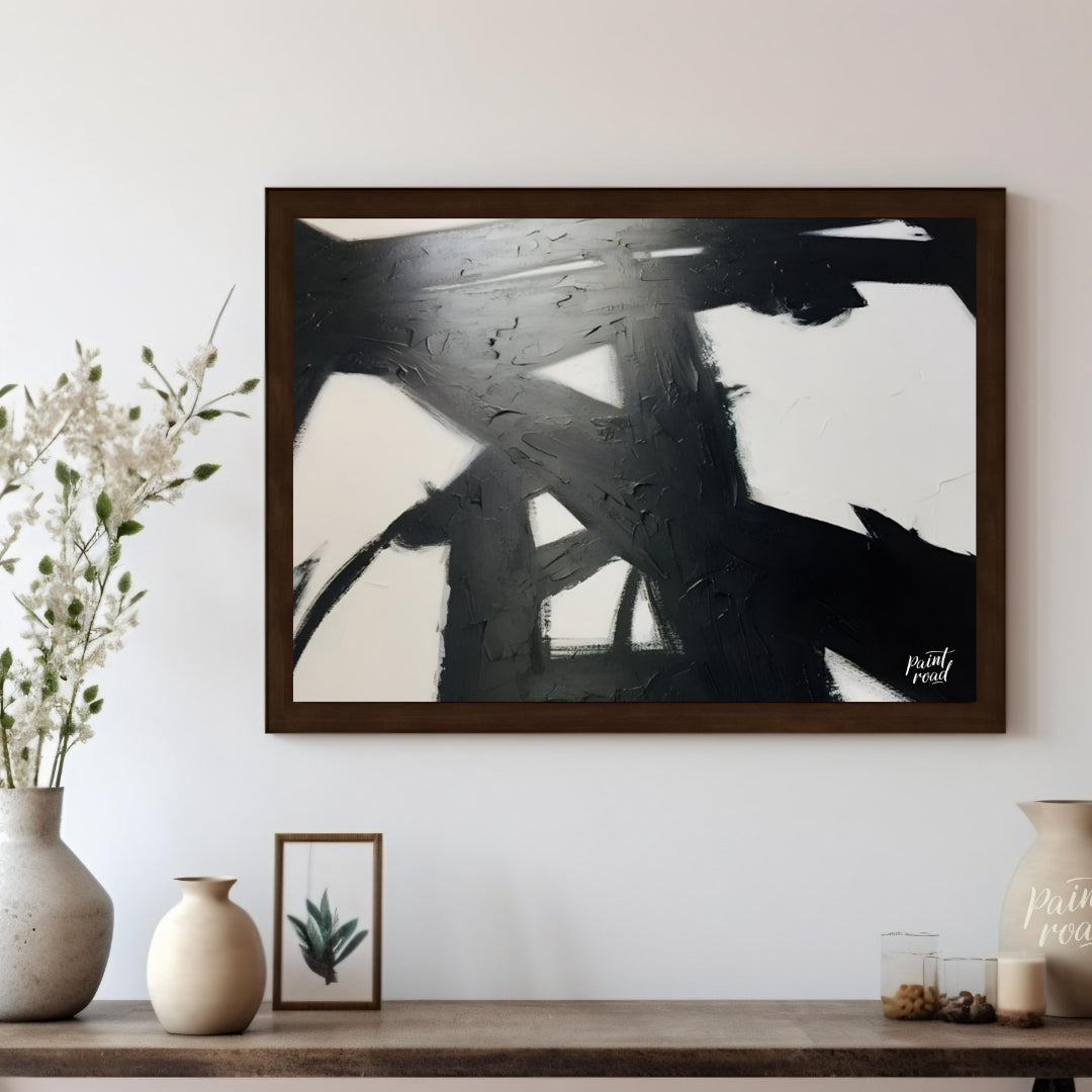 " ""Ink Impact"" presents a dynamic abstract composition with bold black strokes against a light ba… for living room