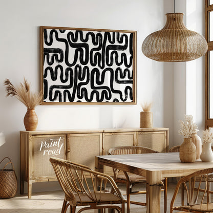 """Ink Maze"" presents a bold, abstract pattern of thick black lines against a stark white backgrou… for dining room