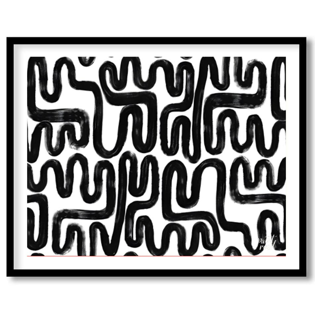 """Ink Maze"" presents a bold, abstract pattern of thick black lines against a stark white backgrou… for dwelling