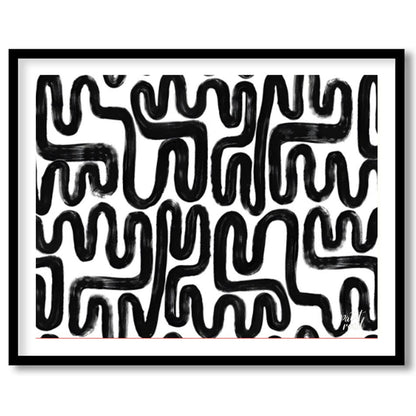 """Ink Maze"" presents a bold, abstract pattern of thick black lines against a stark white backgrou… for dwelling