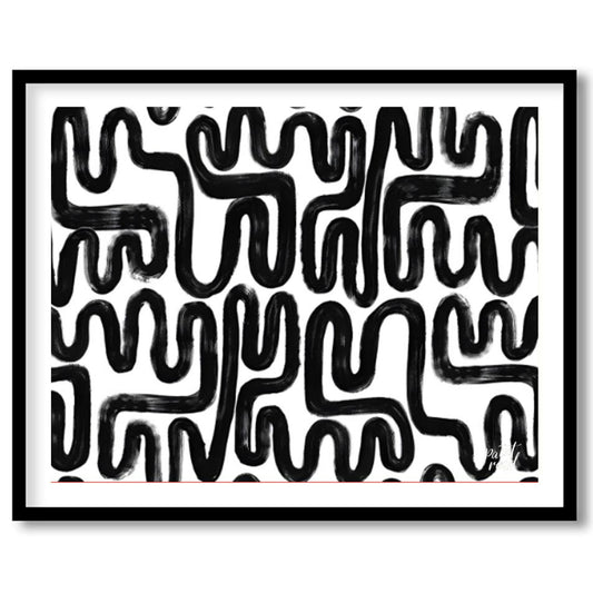 """Ink Maze"" presents a bold, abstract pattern of thick black lines against a stark white backgrou… for dwelling