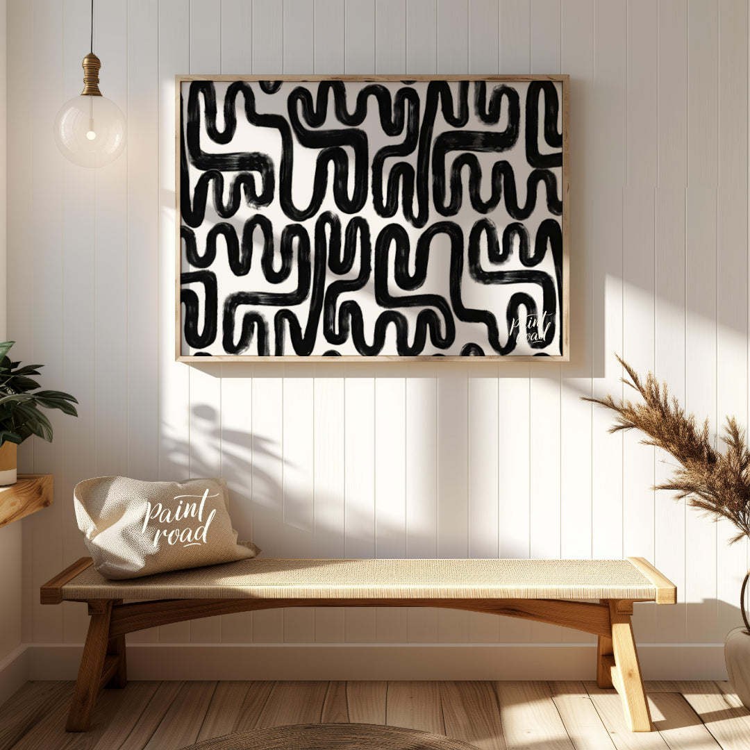 """Ink Maze"" presents a bold, abstract pattern of thick black lines against a stark white backgrou… for entryway