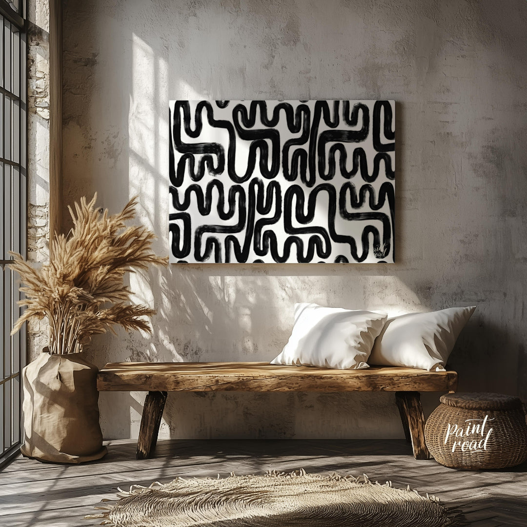 """Ink Maze"" presents a bold, abstract pattern of thick black lines against a stark white backgrou… for entryway