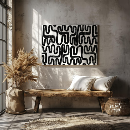 """Ink Maze"" presents a bold, abstract pattern of thick black lines against a stark white backgrou… for entryway