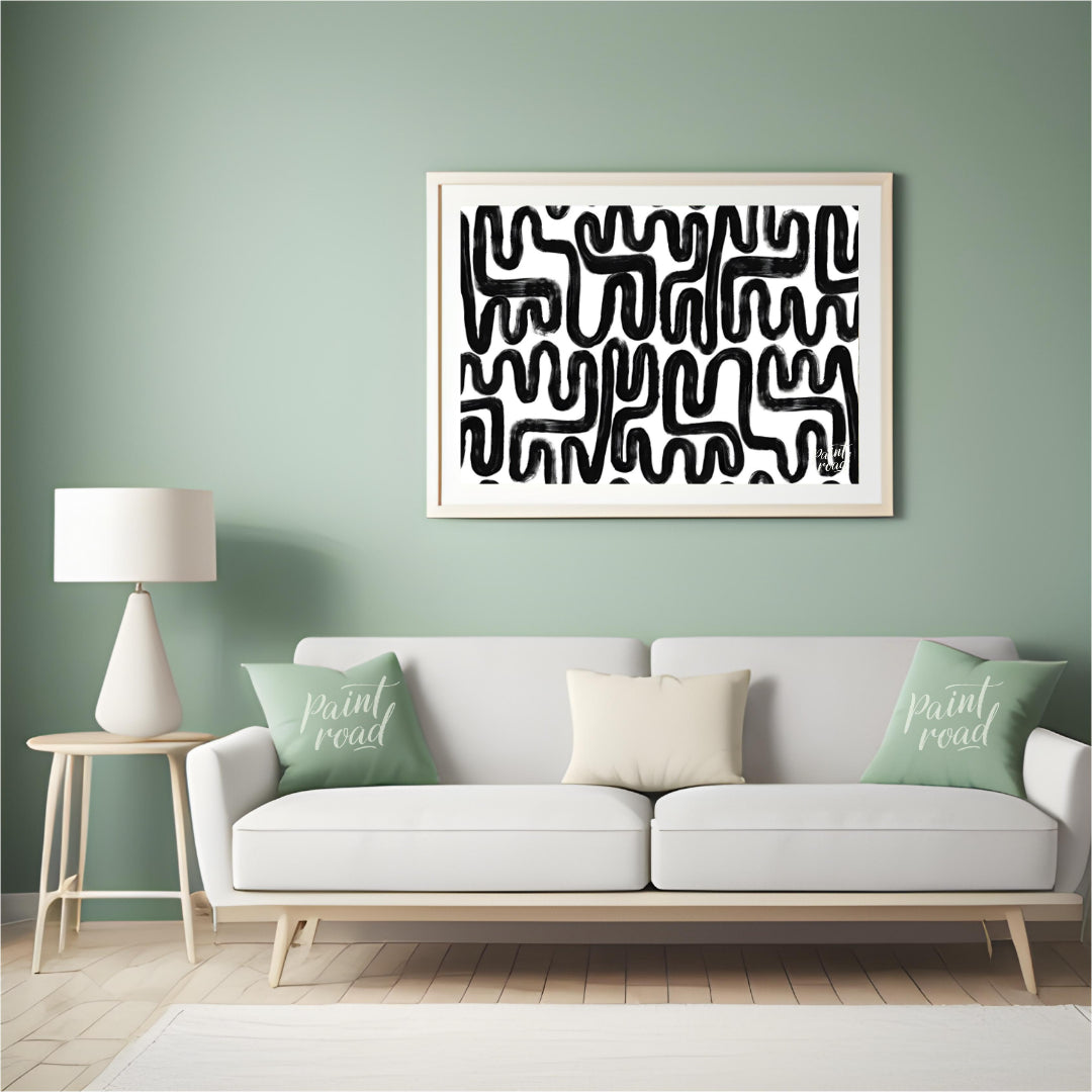 """Ink Maze"" presents a bold, abstract pattern of thick black lines against a stark white backgrou… for living room