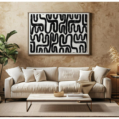 """Ink Maze"" presents a bold, abstract pattern of thick black lines against a stark white backgrou… for living room