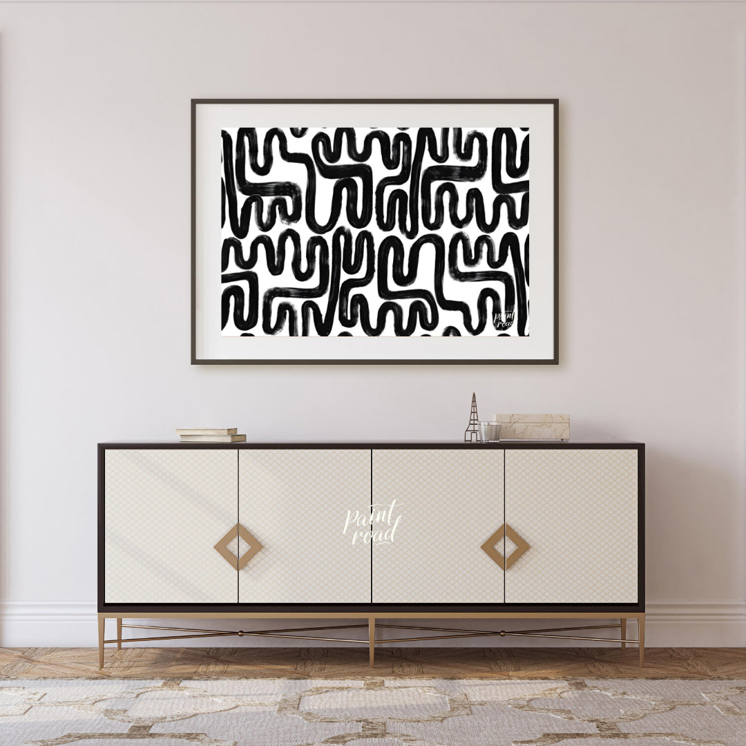 """Ink Maze"" presents a bold, abstract pattern of thick black lines against a stark white backgrou… for living room