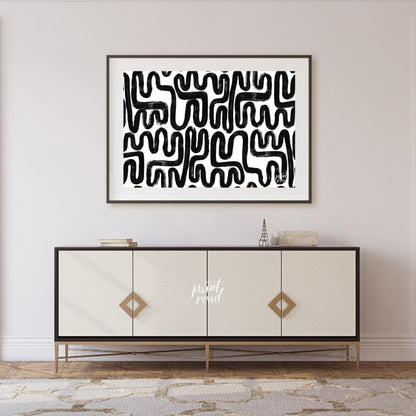 """Ink Maze"" presents a bold, abstract pattern of thick black lines against a stark white backgrou… for living room
