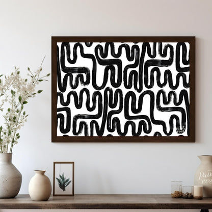 """Ink Maze"" presents a bold, abstract pattern of thick black lines against a stark white backgrou… for living room