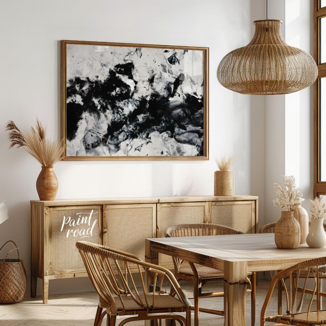"""Ink Nebula"" presents an abstract composition with a dynamic interplay of black ink against a li… for dining room