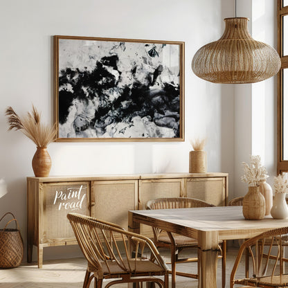 """Ink Nebula"" presents an abstract composition with a dynamic interplay of black ink against a li… for dining room