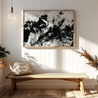 """Ink Nebula"" presents an abstract composition with a dynamic interplay of black ink against a li… for entryway