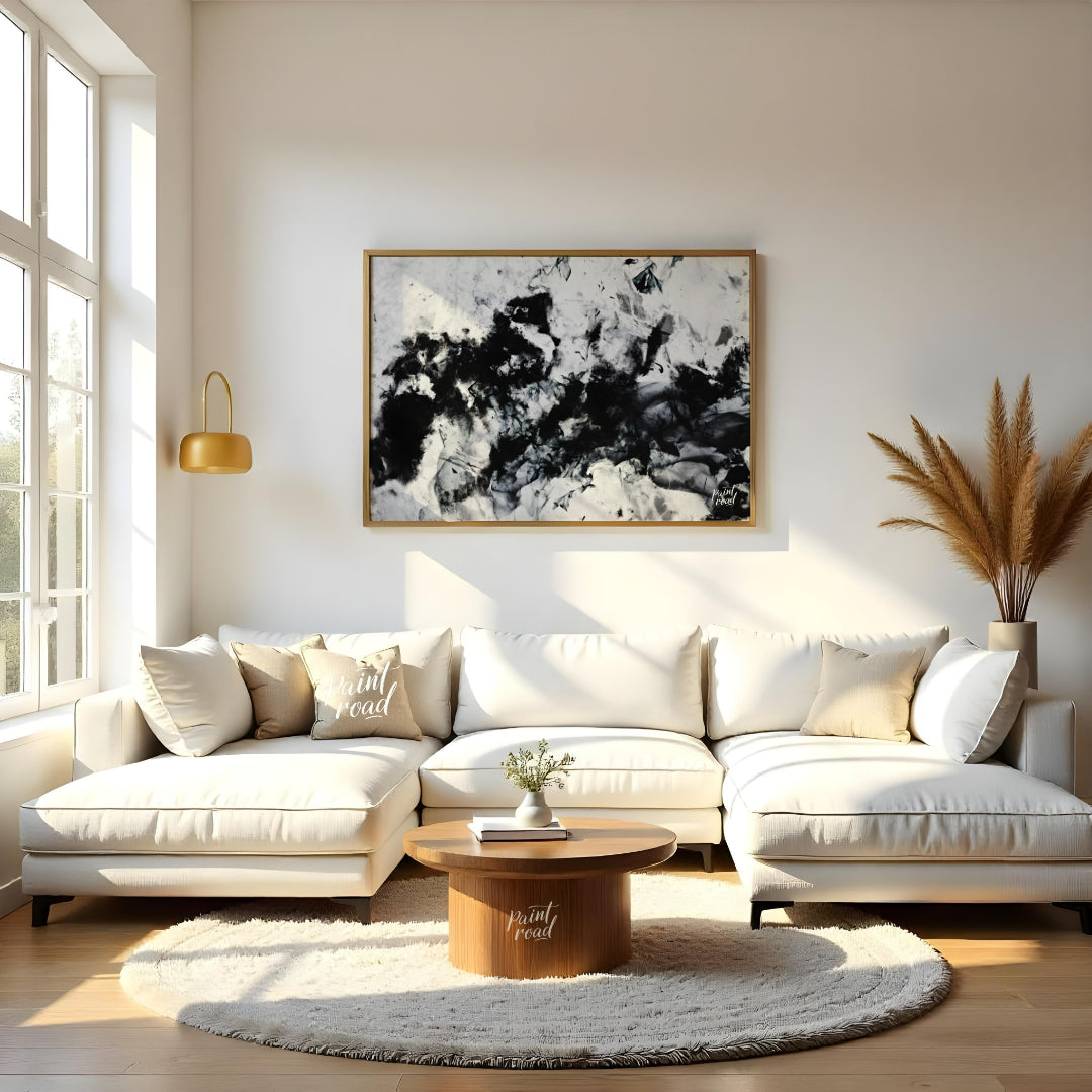 """Ink Nebula"" presents an abstract composition with a dynamic interplay of black ink against a li… for living room