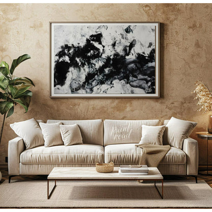 """Ink Nebula"" presents an abstract composition with a dynamic interplay of black ink against a li… for living room