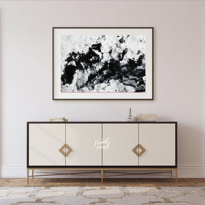 """Ink Nebula"" presents an abstract composition with a dynamic interplay of black ink against a li… for living room