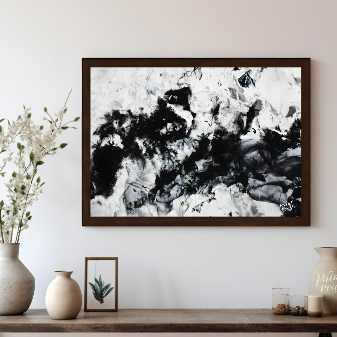 """Ink Nebula"" presents an abstract composition with a dynamic interplay of black ink against a li… for living room